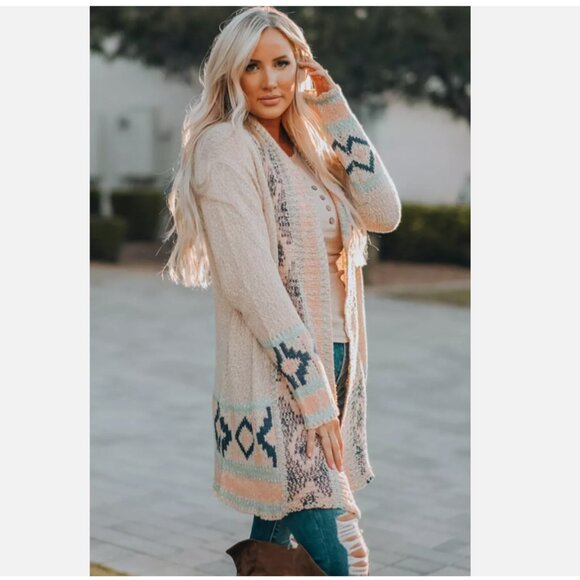 Blue B Collection Apricot Aztec Open Duster Cardigan Sweater Womens Size Medium - Picture 2 of 12